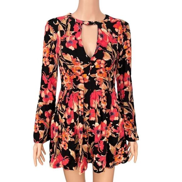 Free People Tegan Printed Long-Sleeve Mini Dress In Black Combo Size 4 - Picture 2 of 11